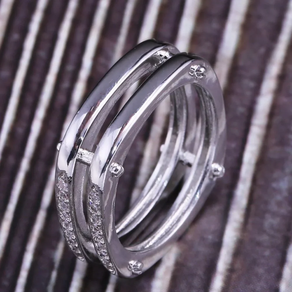 😍Square Glitter Zircon Double Layer Silver Plated Ring for Men, L187 - Picture 1 of 8